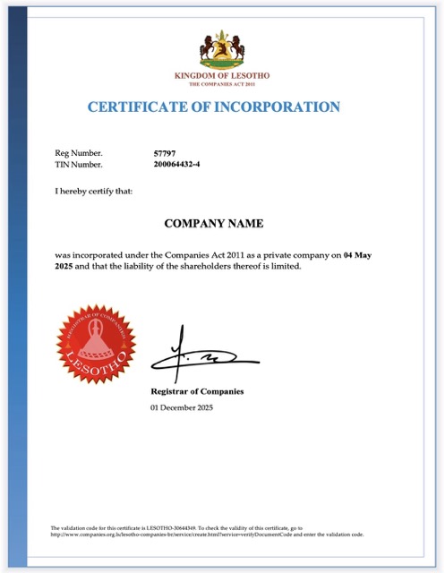 Lesotho certificate of incorporation Word and PDF template